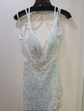 Sequin Cowl Neck Mini Dress in White and Blue